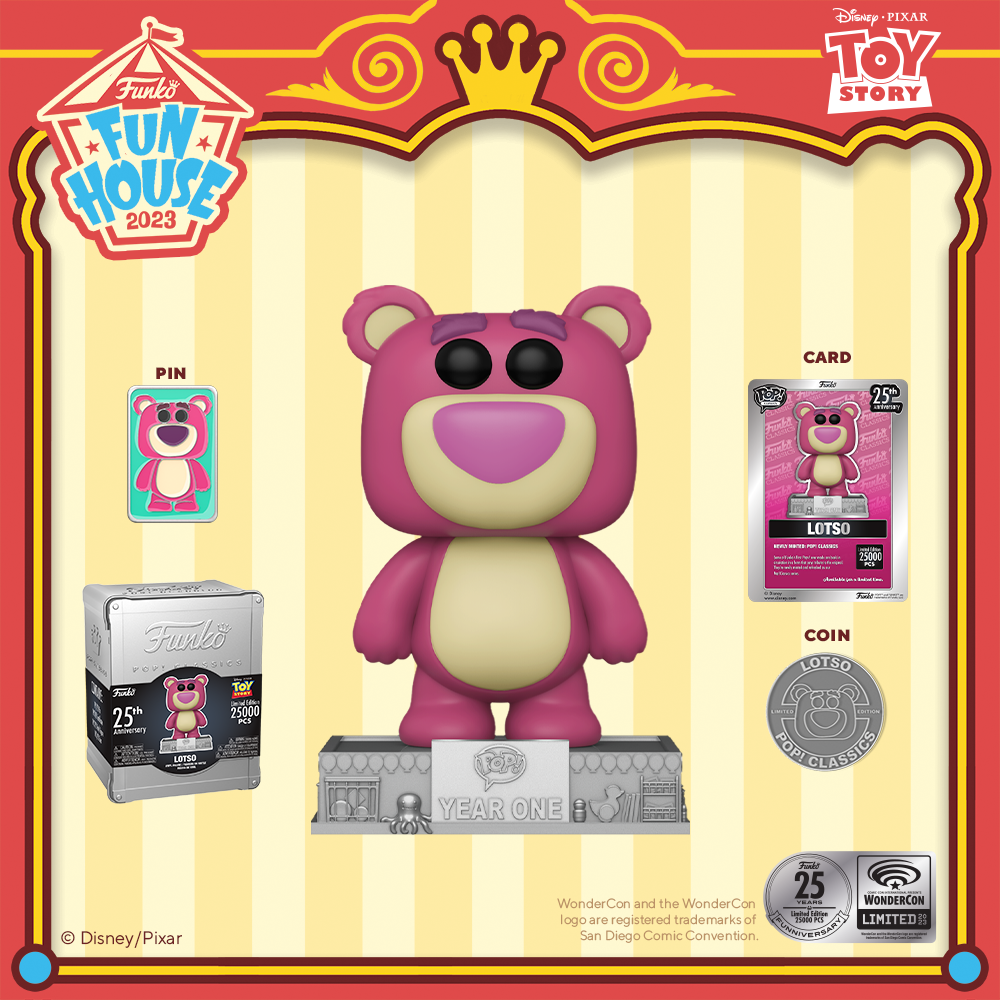 2023 WonderCon exclusive Pop! Classics Lotso Bear with enamel pin, metal coin, and foil certificate card.